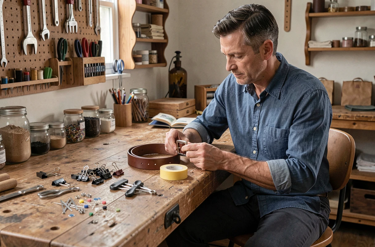 Homme examinant des solutions créatives pour fixer une ceinture sans trou ni passant sur un établi de bricolage