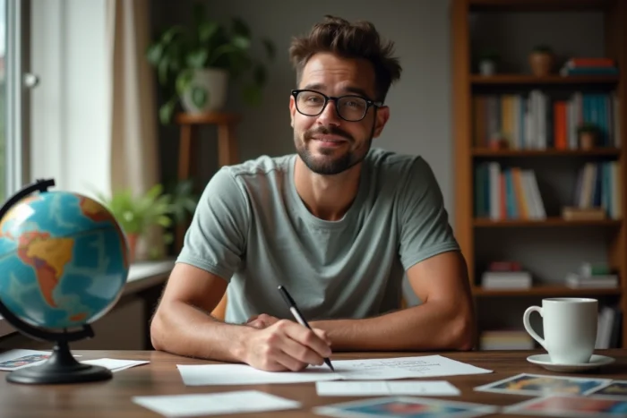 Homme à son bureau qui rédige une carte postale inversée imaginaire depuis une destination de rêve vers chez lui avec humour