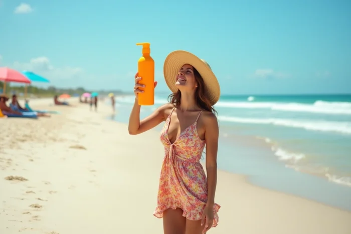 Femme sur la plage brandissant joyeusement une grande bouteille de crème solaire comme un accessoire indispensable des vacances