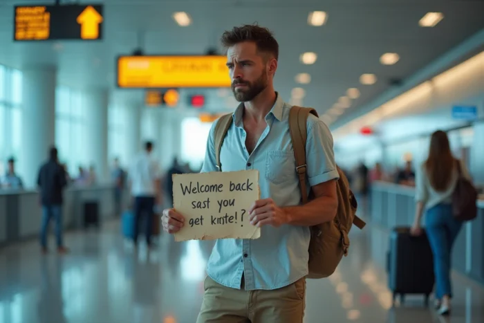 Homme à l'aéroport tenant une pancarte de bienvenue humoristique pour lui-même à son retour de vacances avec une expression dramatiquement triste