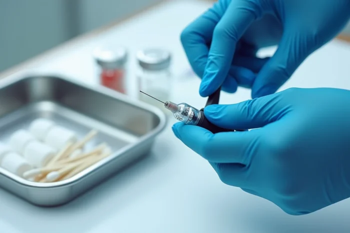 Gros plan sur un stylo injecteur médical tenu par des mains gantées dans un environnement clinique stérile