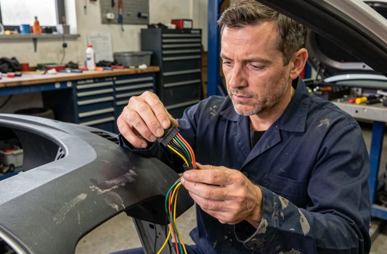 Technicien automobile examinant un faisceau de câblage multicolore pour autoradio Peugeot dans un atelier de réparation