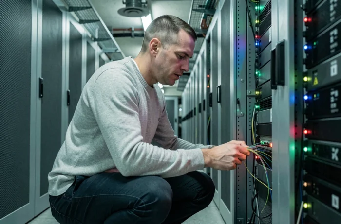 Technicien informatique installant l'infrastructure numérique dans un datacenter municipal français