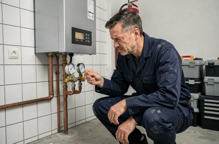 Technicien en chauffage inspectant une chaudière à gaz dans un appartement bruxellois