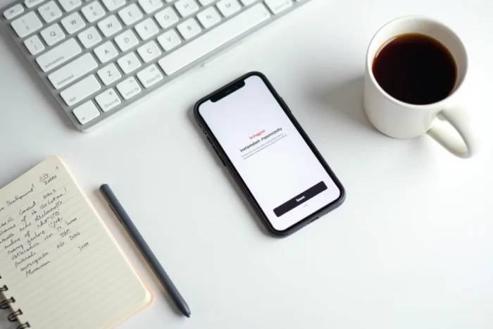 Vue de dessus d'un bureau blanc avec un smartphone affichant Instagram et une barre de téléchargement, accompagné d'un café et d'un carnet de notes