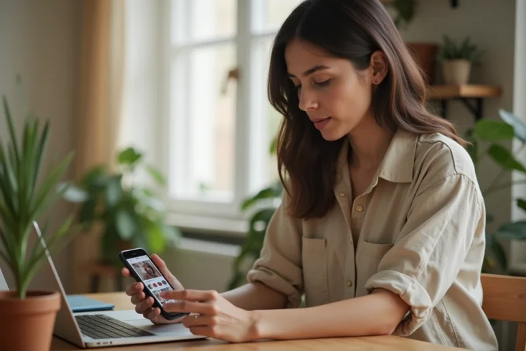 Jeune femme utilisant Instagram sur son smartphone pour télécharger des photos, assise à un bureau en bois dans un bureau à domicile cosy