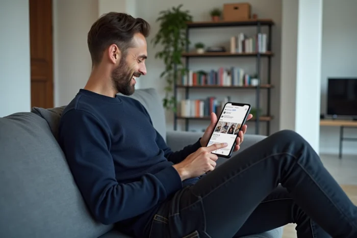 Homme consultant Instagram sur une tablette dans un salon minimaliste pour télécharger des vidéos, assis sur un canapé gris moderne