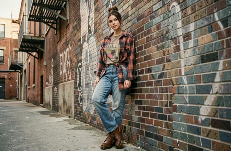 Jeune femme portant une tenue grunge inspirée des années 1994 avec chemise à carreaux et jean taille haute, posant dans une ruelle urbaine