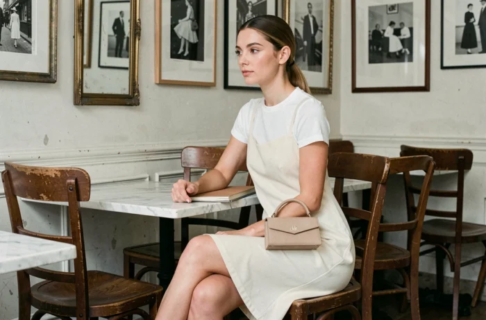 Femme élégante en robe nuisette et tee-shirt blanc superposés, style minimaliste des années 1994, assise dans un café parisien vintage