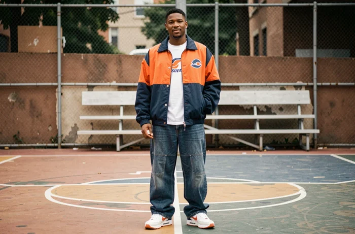 Homme en tenue streetwear hip-hop des années 1994 avec veste Starter colorblock et baskets Nike Air Max sur un terrain de basket vintage