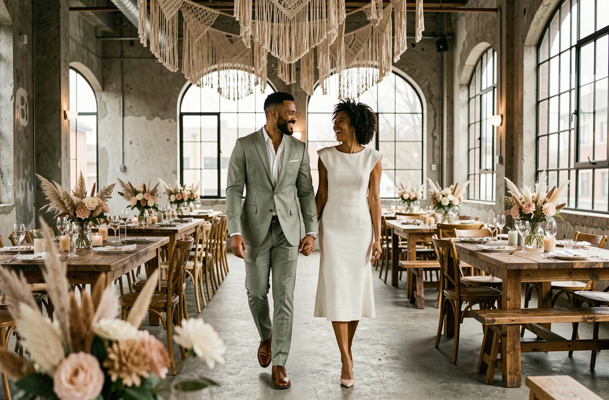 Couple de mariés souriant dans un lieu de mariage industriel chic décoré de fleurs séchées et de macramé, tendances 2024