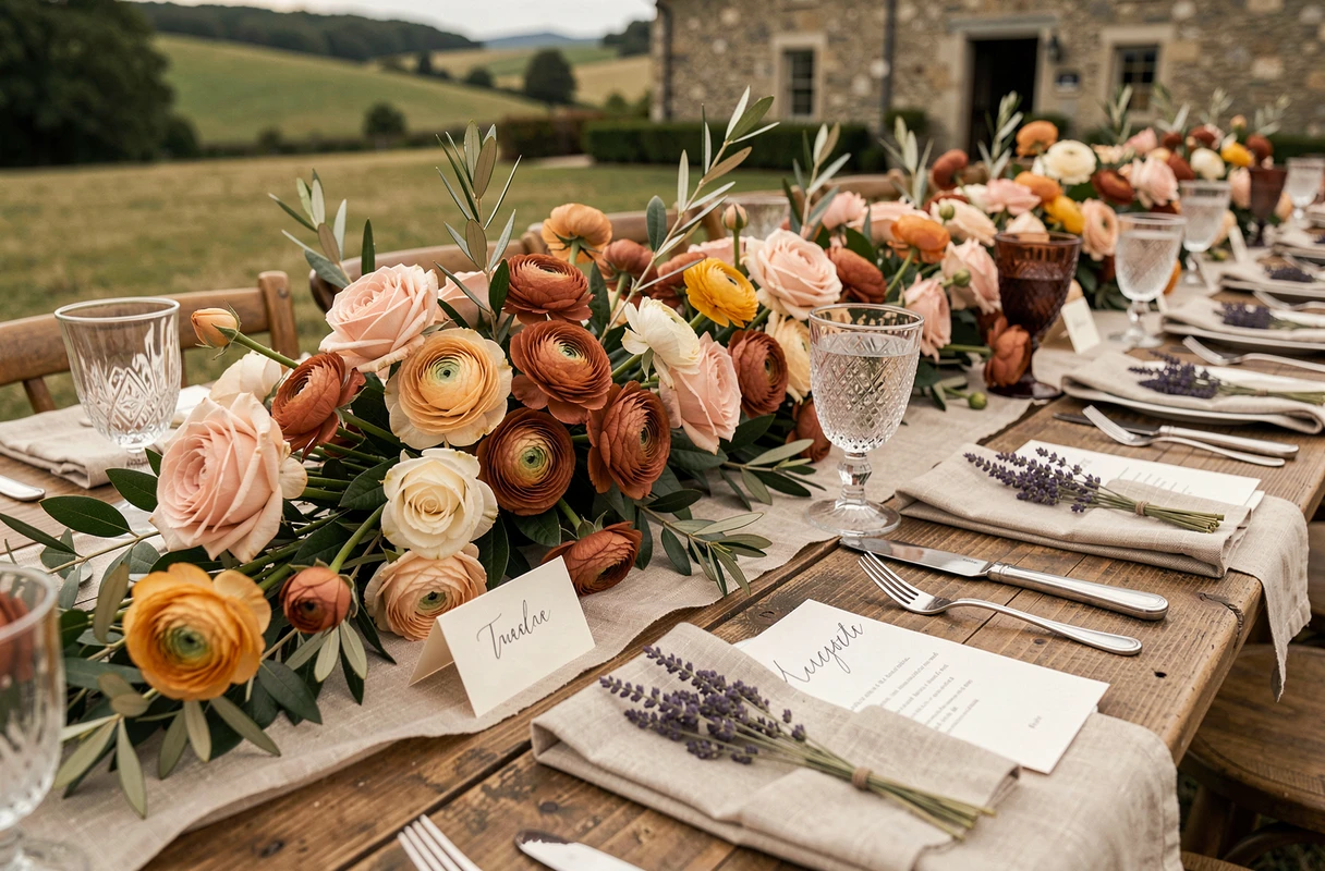 Décoration de table de mariage tendance avec roses, fleurs séchées et vaisselle vintage dans un domaine de campagne