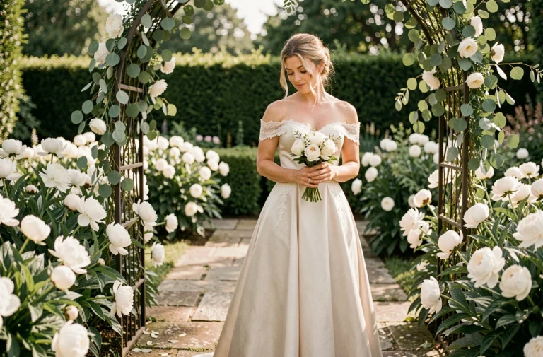 Mariée en robe de mariée ivoire en satin dans un jardin botanique fleuri de pivoines blanches, tendances mariage 2024