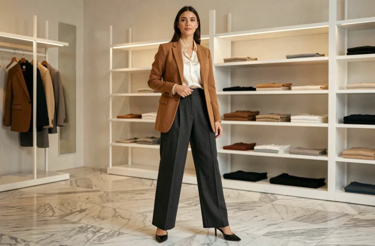 Femme élégante portant un blazer camel et un pantalon large anthracite dans une boutique parisienne minimaliste