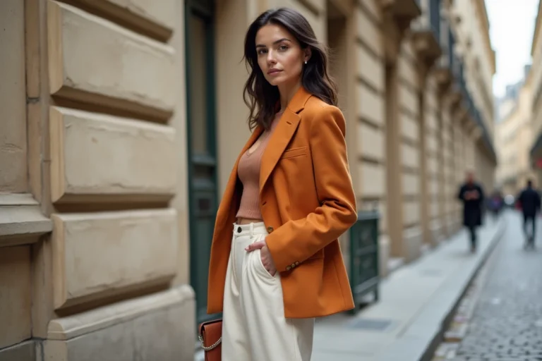 Femme élégante en blazer terracotta et pantalon large ivoire dans une rue parisienne, tendances mode 2026