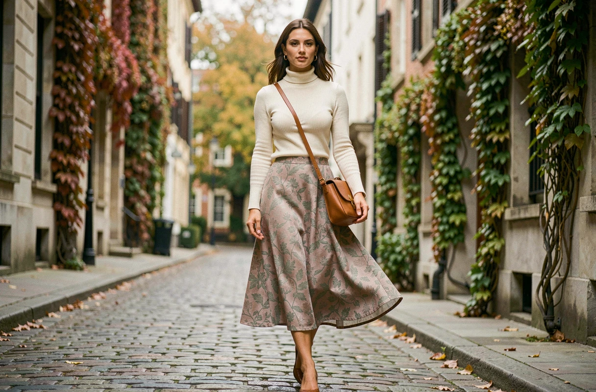 Femme en jupe midi jacquard et col roulé crème marchant sur une rue pavée en automne