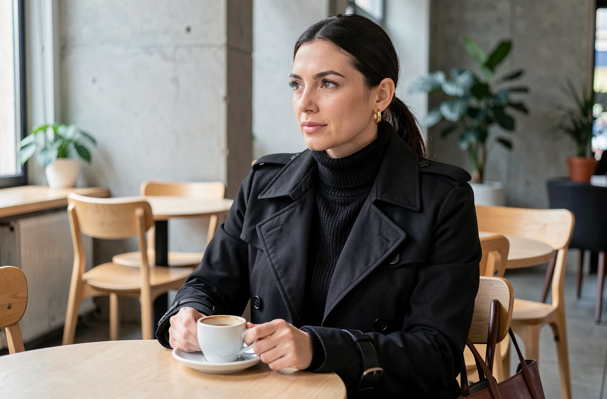 Femme chic en trench-coat noir assis dans un café parisien moderne avec accessoires dorés