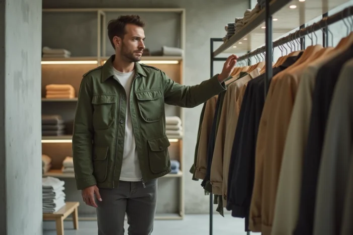 Homme en veste utilitaire vert sauge dans un concept store minimaliste, tendances mode masculine 2026