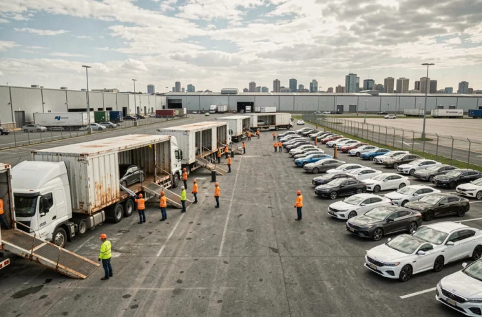 Vue aérienne d'un terminal de transport automobile urbain avec camions porte-voitures et équipes logistiques