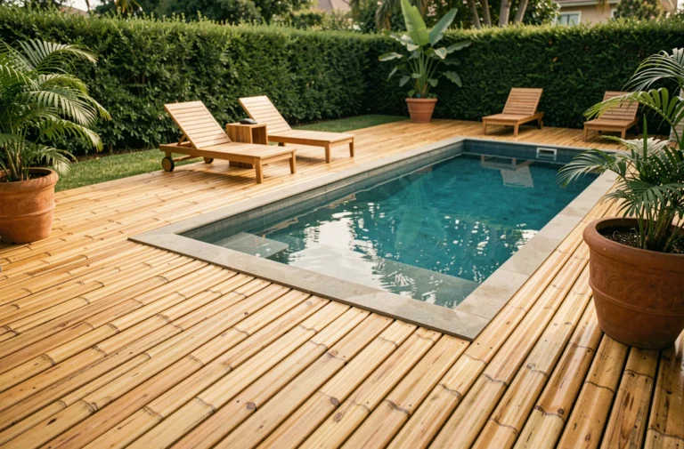 Terrasse en bambou autour d'une piscine rectangulaire dans un jardin résidentiel moderne avec mobilier teck et plantes tropicales