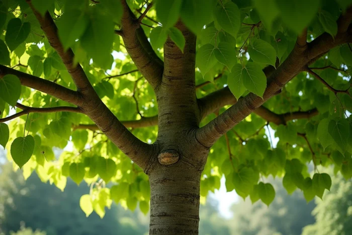 Tilleul à grandes feuilles avec son feuillage dense en coupole et ses petites fleurs jaune pâle dans un jardin en plein été