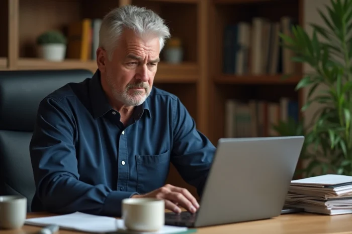 Homme mécontent rédigeant un avis négatif sur son ordinateur portable depuis son bureau à domicile