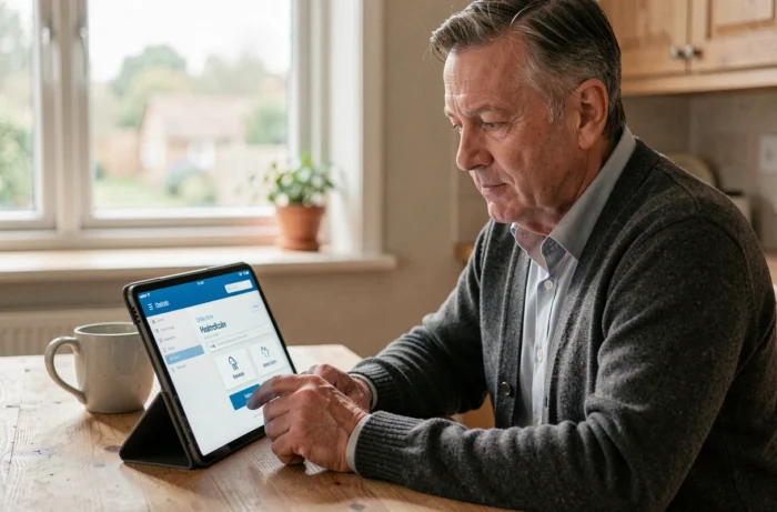 Homme d'âge mûr gérant son espace personnel Netsoins sur une tablette depuis son domicile
