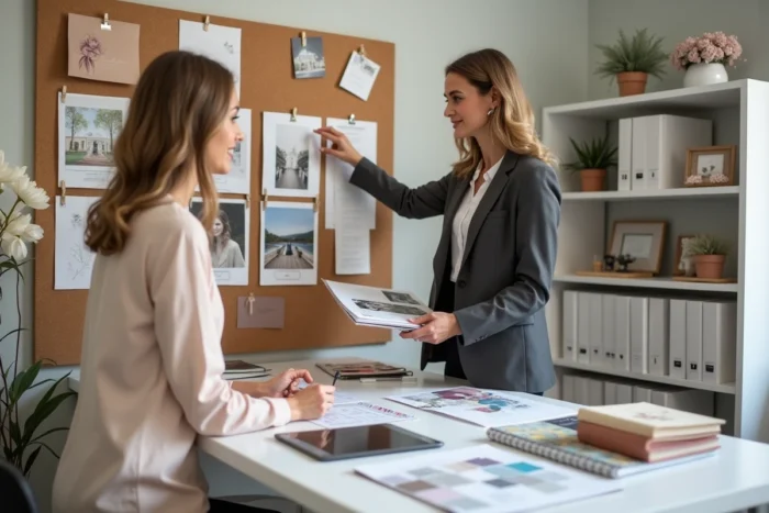 Wedding planner présentant des idées de décoration à une future mariée dans un studio de planification moderne